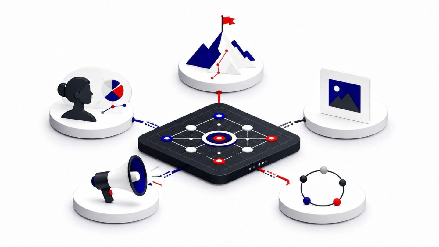 Minh họa kế hoạch Digital Marketing kết nối mục tiêu, khách hàng, kênh nội dung và đo lường