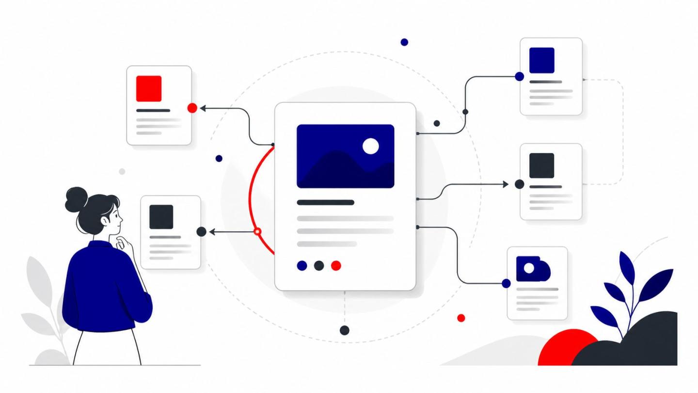 Sơ đồ minh họa trang pillar kết nối các bài viết hỗ trợ trong một Topic Cluster