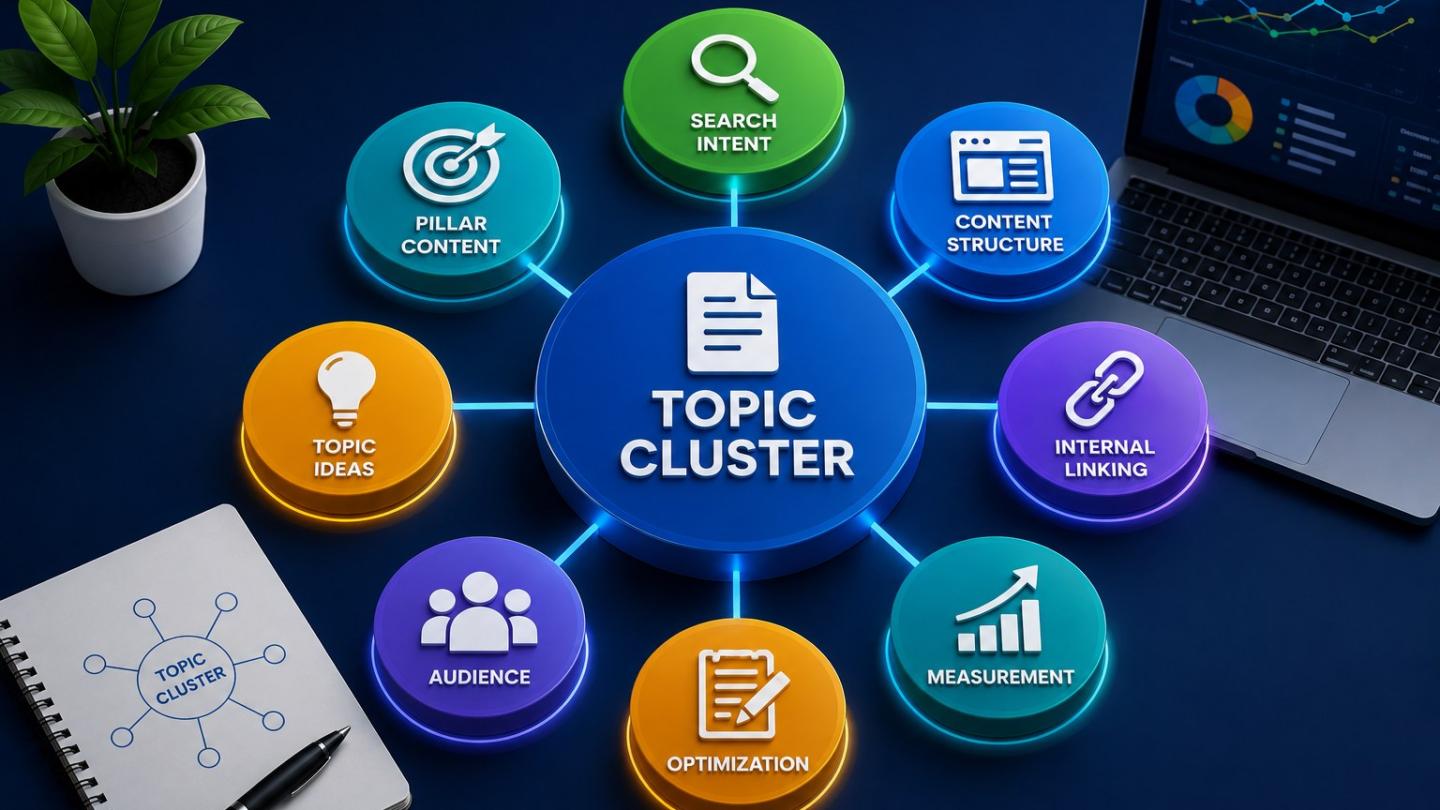 Topic Cluster với Search Intent, Pillar Content, Content Structure, Internal Linking, Audience, Optimization và Measurement