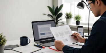 Nhà thiết kế web rà soát wireframe website trên laptop và thiết bị di động